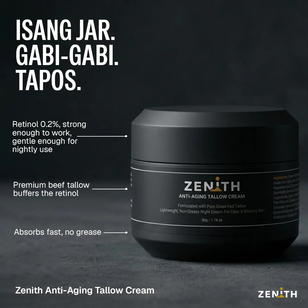Isang jar. Gabi-gabi. Tapos. Zenith Anti-Aging Tallow Cream: retinol 0.2%, strong enough to work, gentle enough for nightly use. Premium beef tallow buffers the retinol. Absorbs fast, no grease.