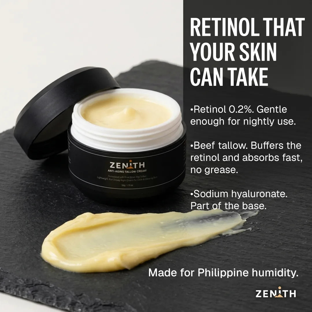 Retinol that your skin can take. Retinol 0.2%, gentle enough for nightly use. Beef tallow buffers the retinol and absorbs fast, no grease. Sodium hyaluronate, part of the base. Made for Philippine humidity.