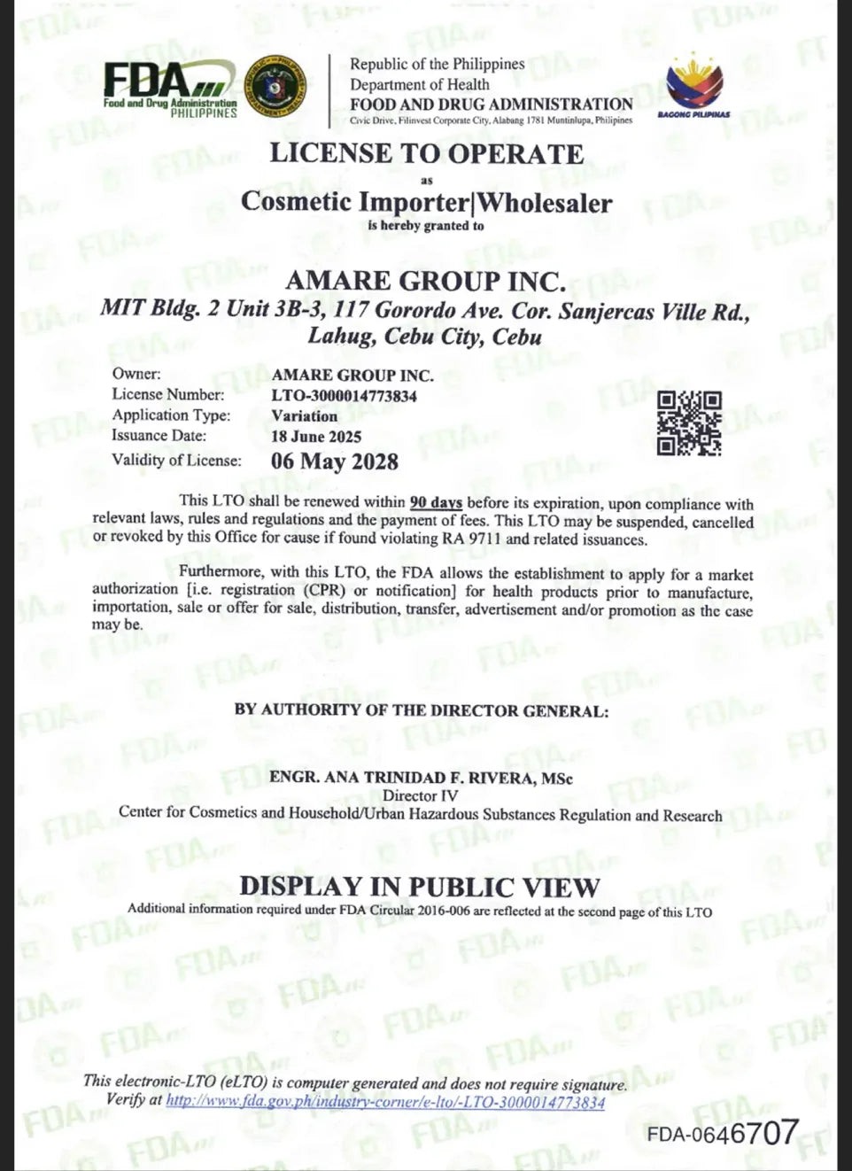 FDA License To Operate LTO-3000014773834