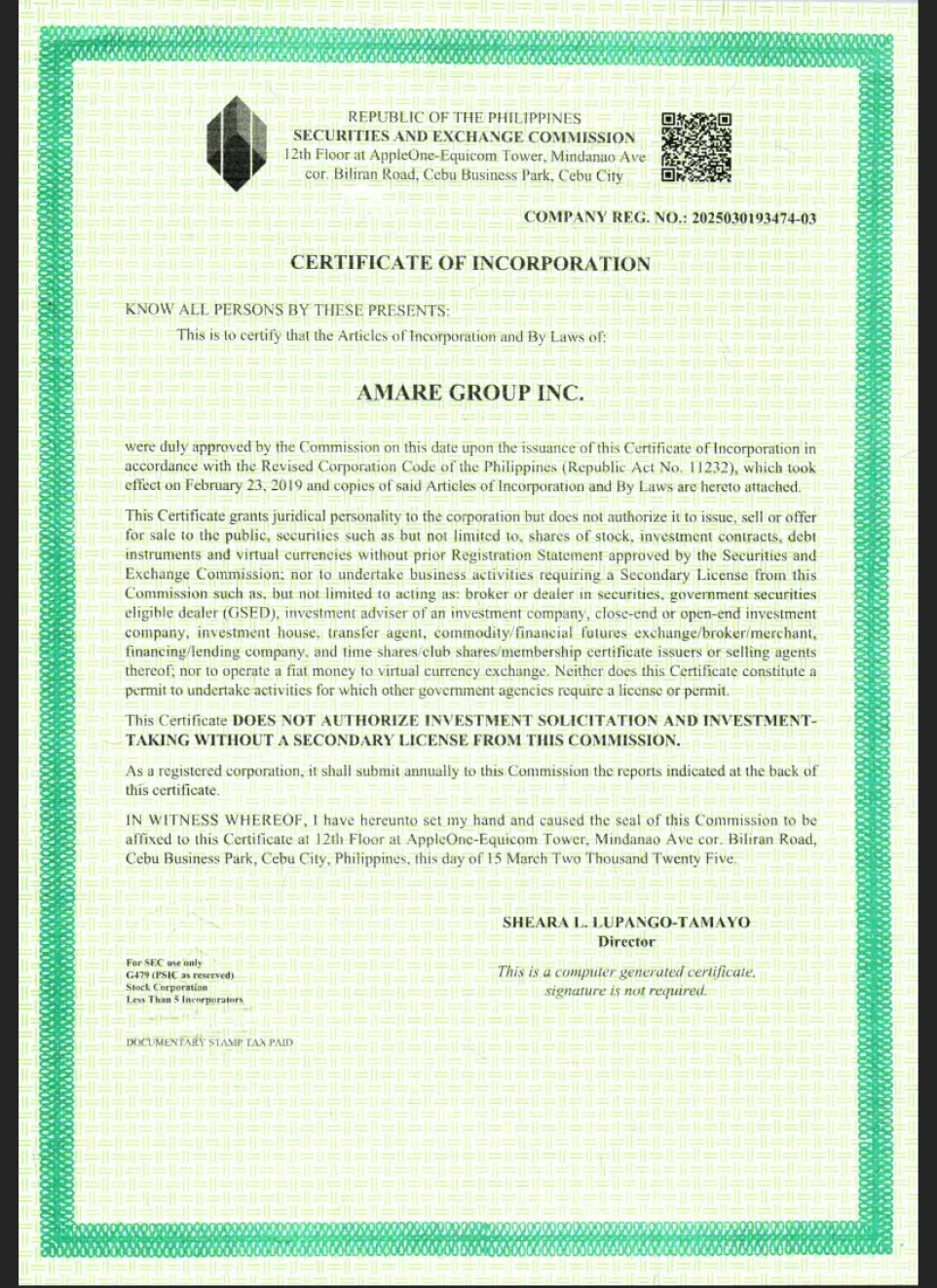 Certificate of Incorporation 2025030193474-03