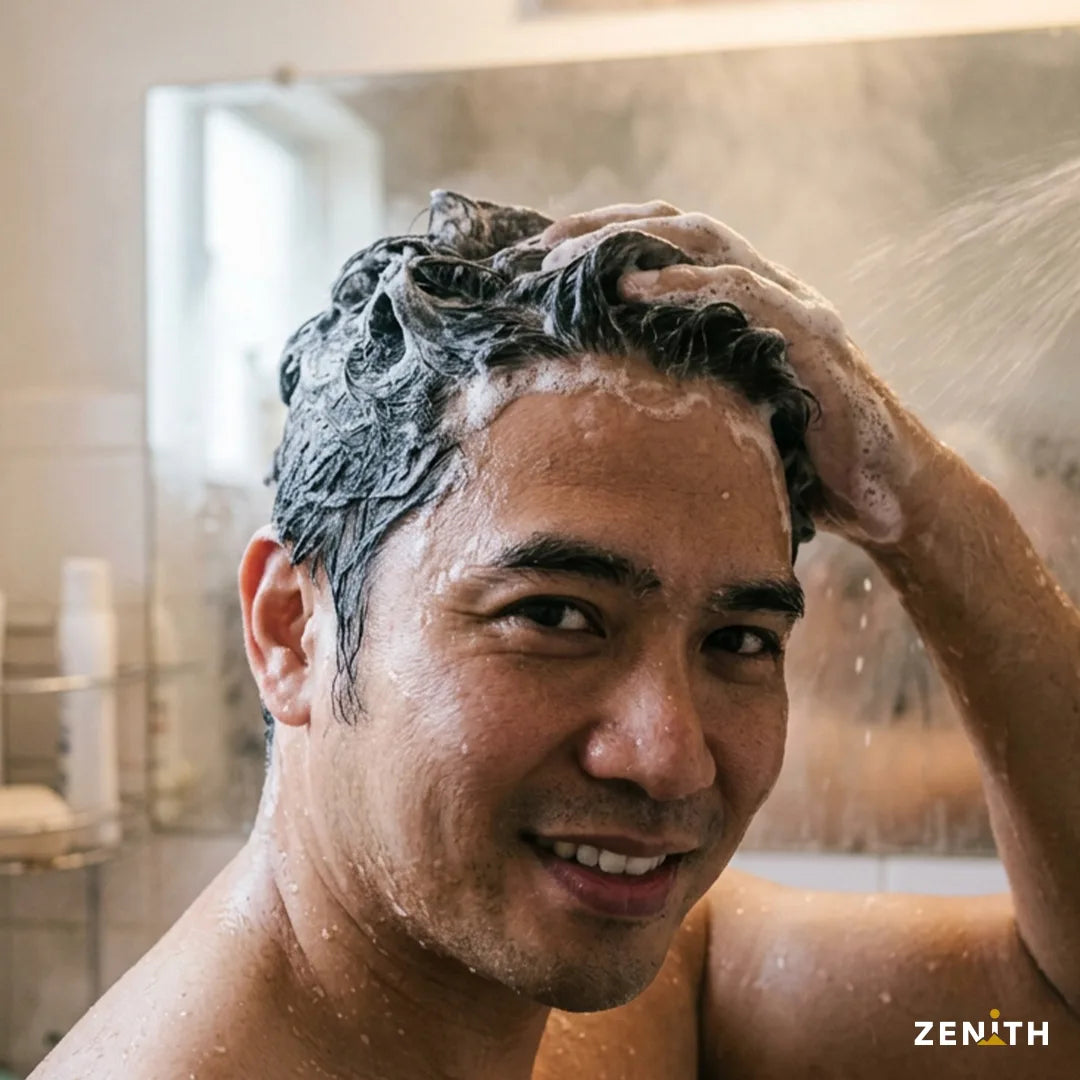 Smiling Filipino man lathering shampoo in his hair in the shower