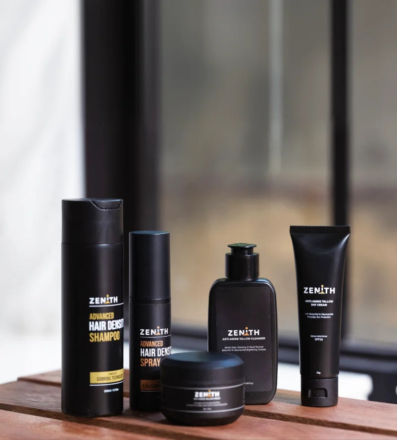 Zenith product line on a wooden bench by a window