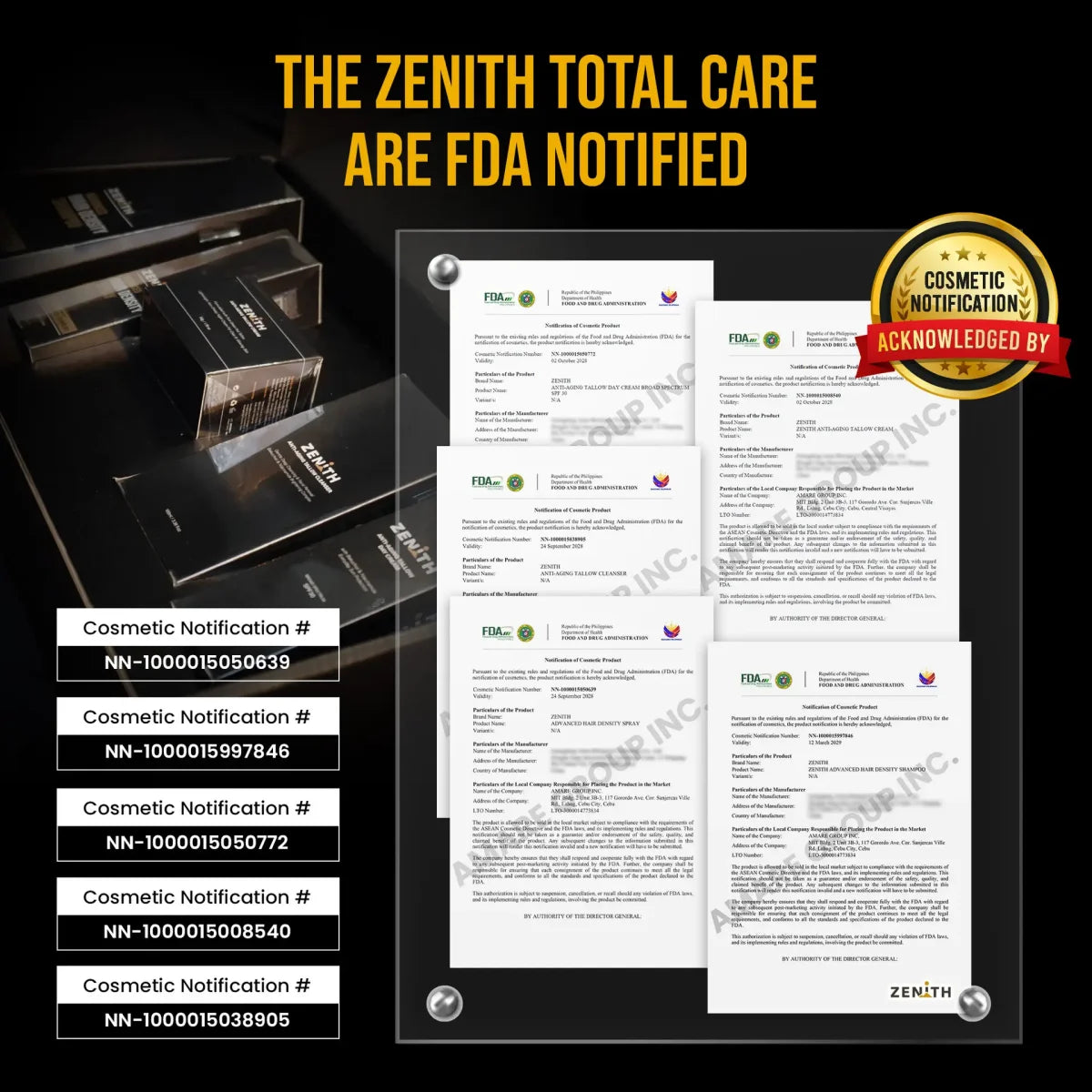Zenith FDA notification certificates on display with notification numbers